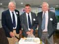 Former ASC presidents Will Kember, Ganmain, David Moor, Warialda, and John Coulton, Warialda, cutting the 25th anniversary cake. Picture by Elka Devney