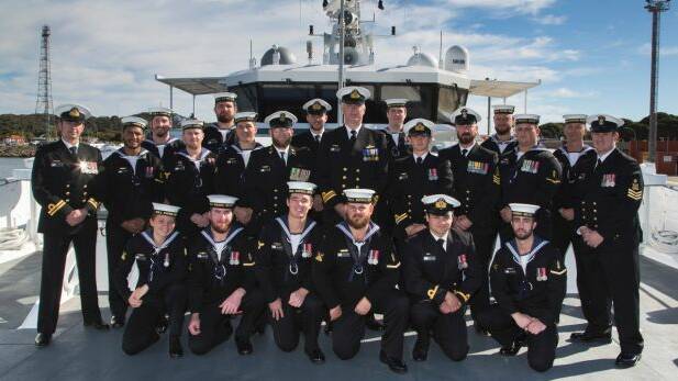 The crew of Cape Inscription pictured on board in Perth on June 6. Photo: Australian Defence Force
