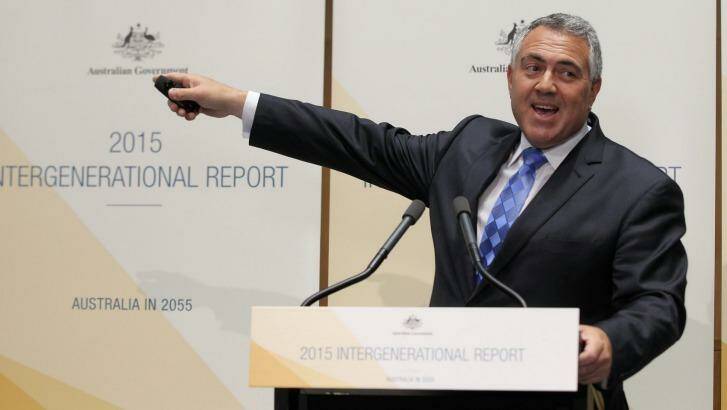 Seniors urged to stay at work: Treasurer Joe Hockey addresses the media during a press conference on the 2015 Intergenerational Report. Photo: Alex Ellinghausen