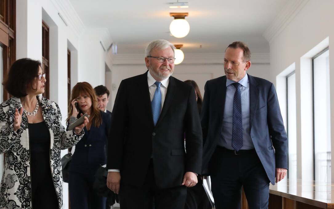 Former prime ministers Kevin Rudd and Tony Abbott attend the re-opening of Old Parliament House in April. Picture: James Croucher