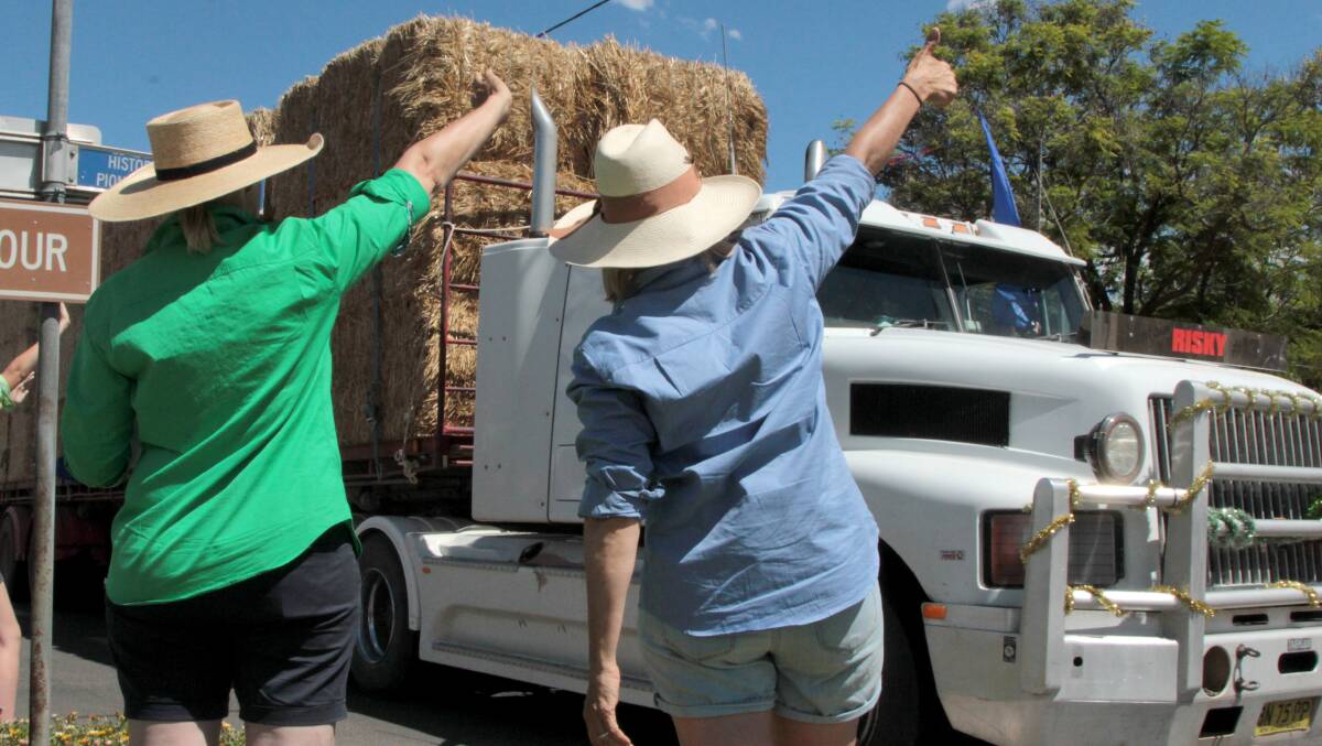 Annie Brodie and Helen Griffiths were amongst those lining the streets of Blackall to cheers the Hay Runners into town. Picture: Sally Cripps.