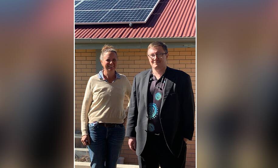 SOLAR HELP: Geni.Energy director Sally Hunter with Walgett Aboriginal Medical Service finance manager Mathew Baker. Photo: CONTRIBUTED