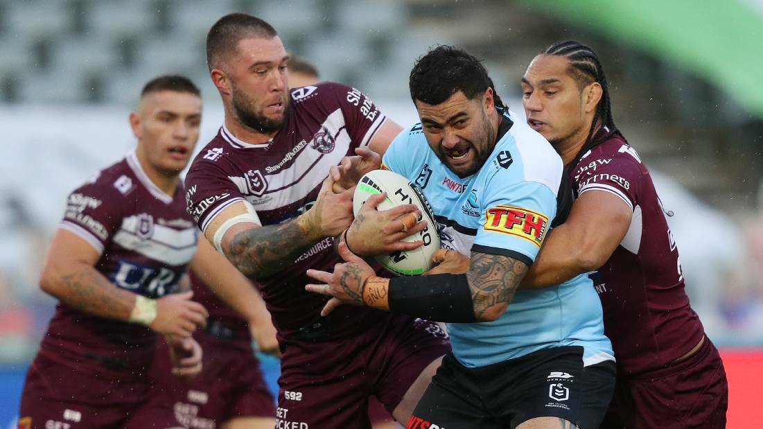 Andrew Fifita takes the ball up against Manly in the big Sharks win. Photo: NRL Imagery