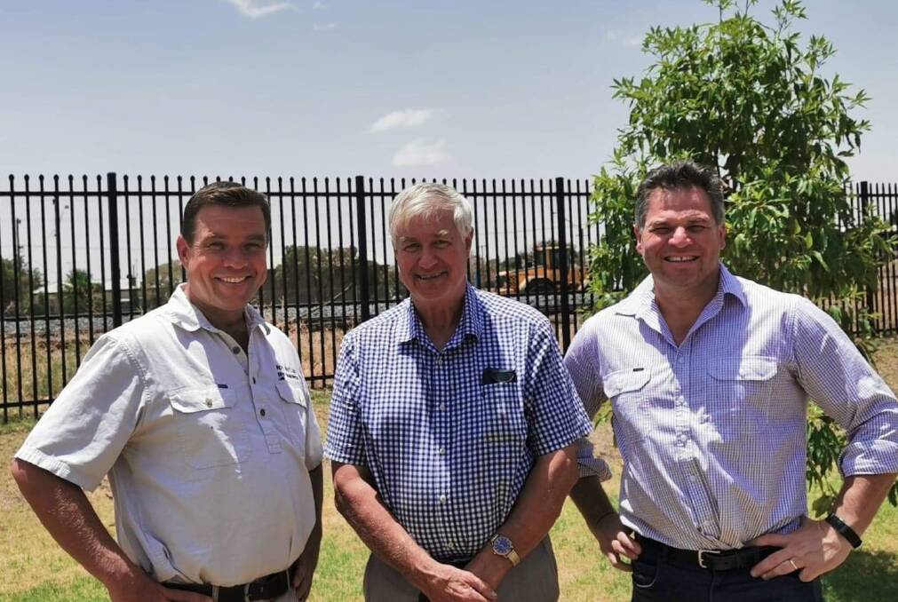 OUT AND ABOUT: Barwon MP Roy Butler with Bogan Shire mayor Ray Donald and Shooters Fishers and Farmers Member for Orange Phil Donato. Photo: CONTRIBUTED 