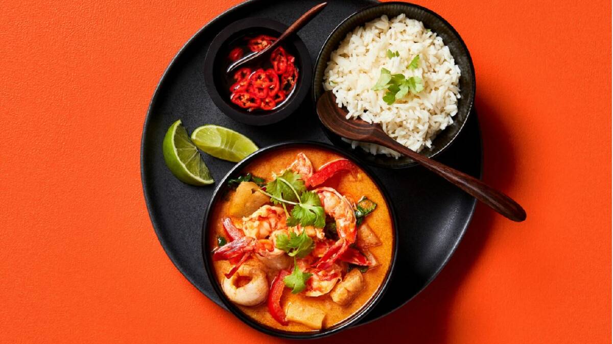 Tiger prawn, pineapple and lychee Thai red curry. Picture: Supplied