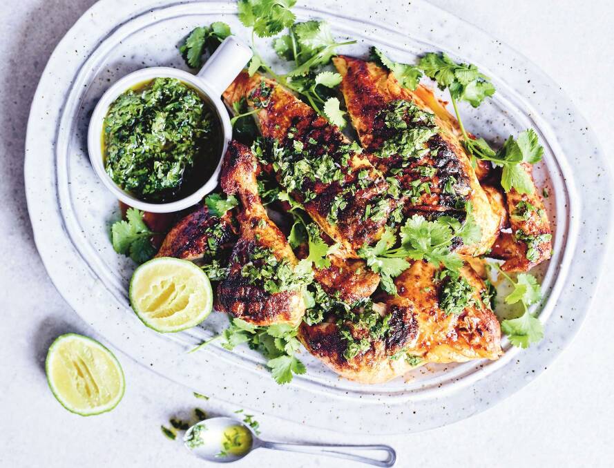 Butterflied chook with chimichurri. Picture: Mark Roper