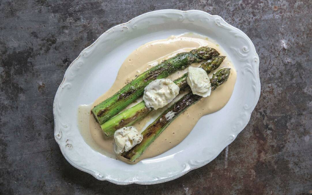Asparagus, burnt butter, fior di burrata. Picture: Mark Chew