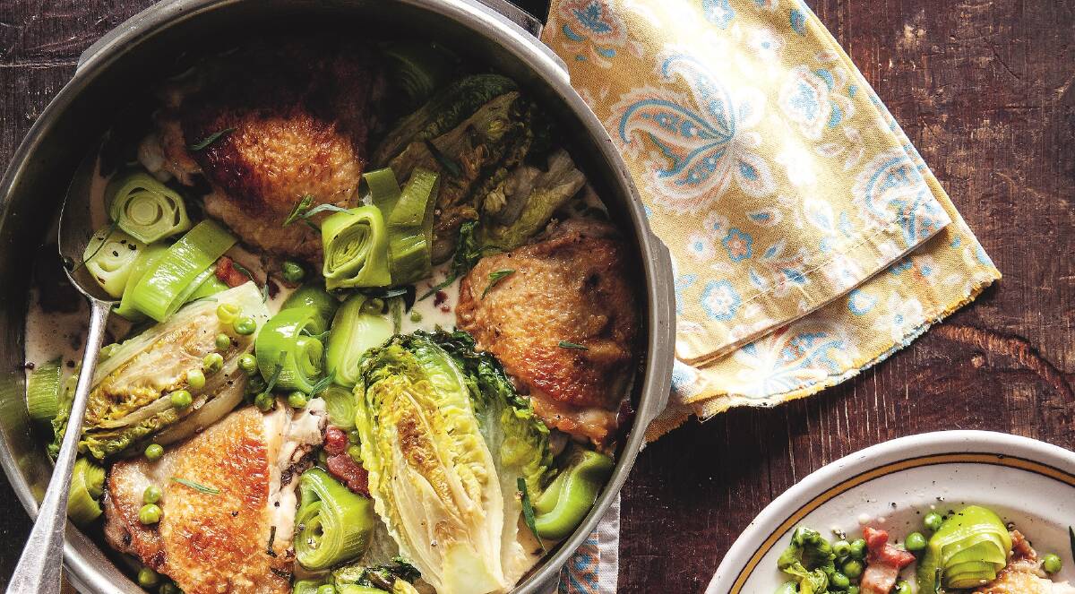 Chicken with lettuce, leeks and peas. Picture: Andrew Hayes-Watkins
