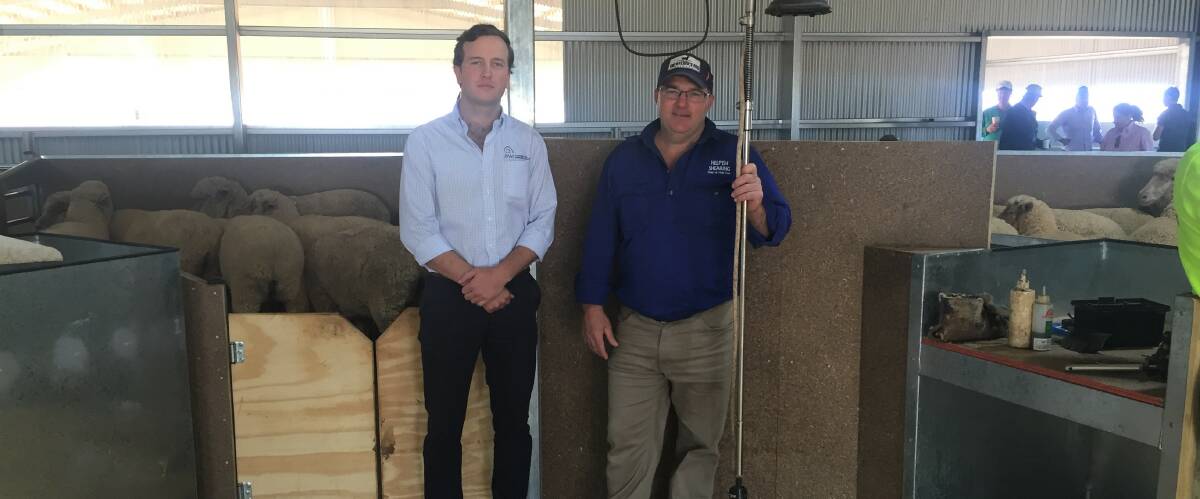 Safety first: Henry Ridge from Australian Wool Innovation and shearing shed designer Hilton Barrett at the second open day. Photo: Taylor Jurd