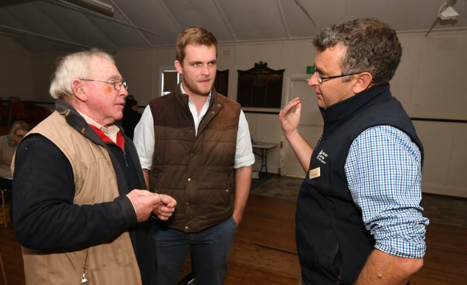 DROUGHT HELP: Badger Babbage, James Cleaver, speak with senior land services officer for pastures Phil Cranney at an information session in Orange. Photo: JUDE KEOGH
