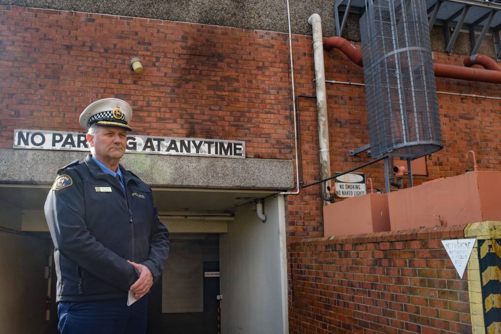 NOT DETERRED: Tasmania Police Northern Commander Brett Smith at Launceston Police Station, where a Molotov cocktail was thrown on Friday night. Picture: Paul Scambler
