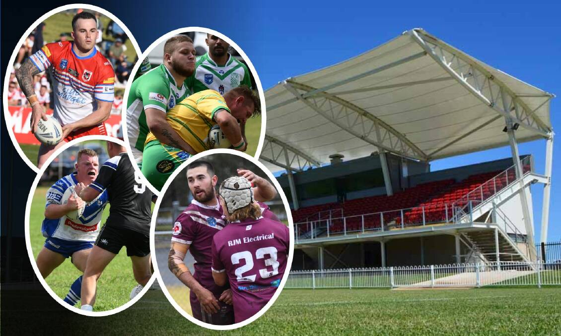 Mudgee Glen Willow Stadium and (inset, clockwise from top) PMP players Pacey Stockton, James Stanley, Rylee Blackhall and Nick Booth.
