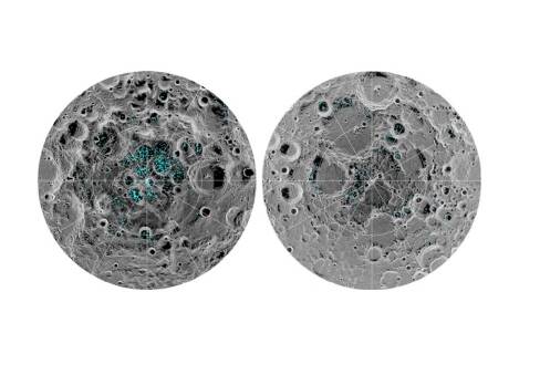 The distribution of surface ice at the Moons south pole (left) and north pole (right), detected by NASA. Credit: NASA