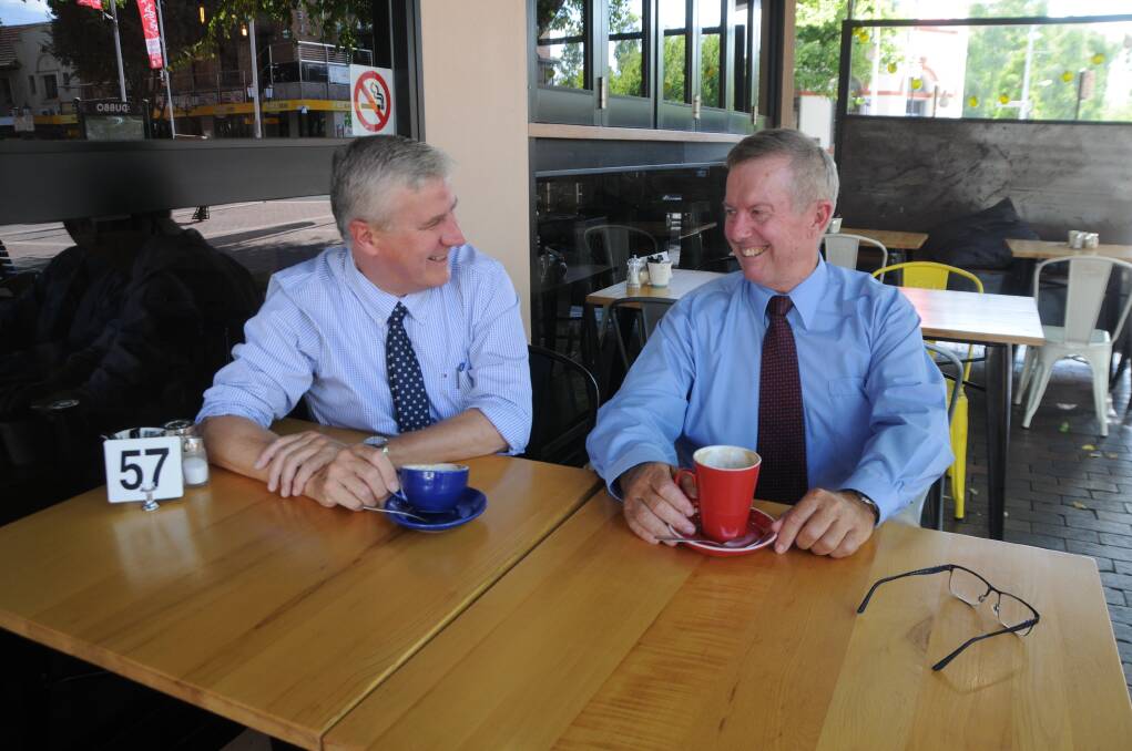 ONE YEAR AGO: Michael McCormack and Mark Coulton at Dubbo's CSC during a visit in February 2017. Photo: JENNIFER HOAR