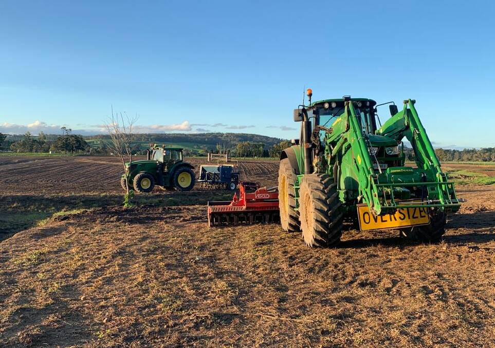 PLANTING THE RIGHT SEED: A previous wet hire job from Ag & Earth for pasture sowing in the Southern Highlands included John Deere Tractors, Speed Tiller, Vigolo Power Harrows and AgrowDrill AD100. Photo: Ag & Earth.
