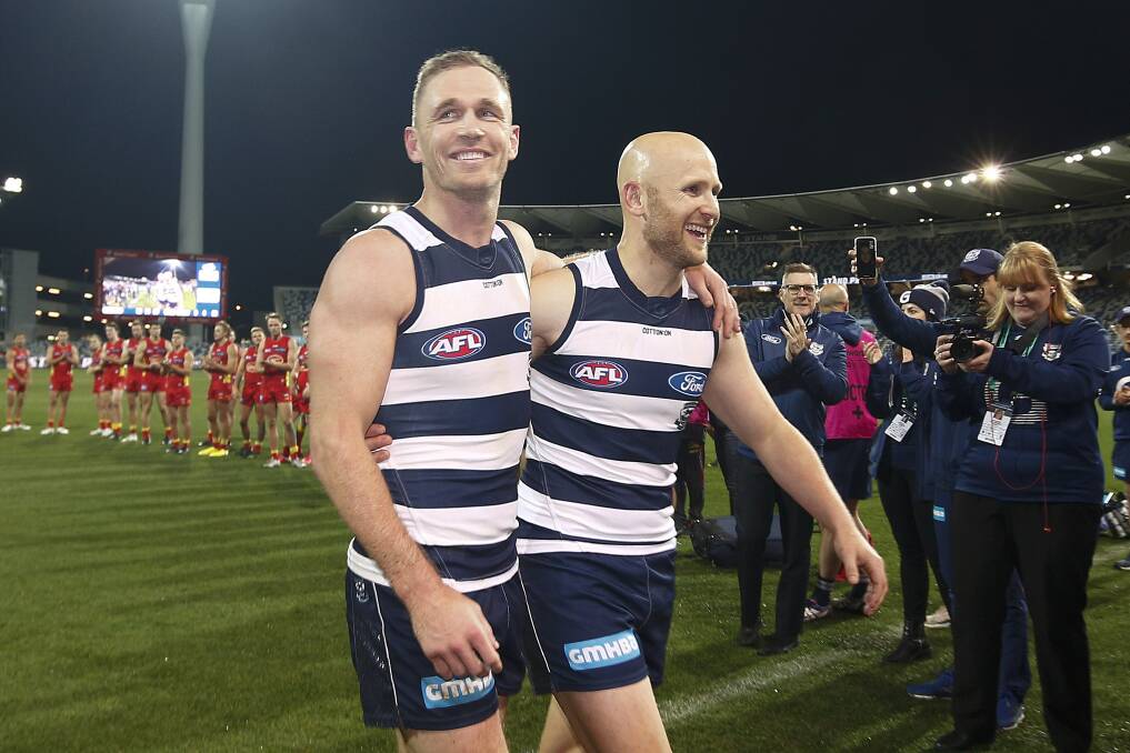 Geelong greats Joel Selwood and Gary Ablett celebrate their 300th and 350th games, respectively. Photo: Daniel Pockett/Getty Images